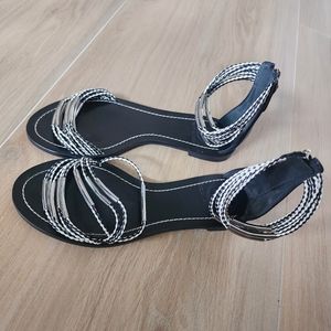 Tory Burch Mignon Braided Flat Hardware Sandal, Black/Ivory
